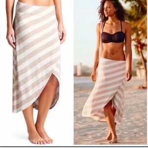 EUC Athleta Ribbon Stripe Heathered Tan White Soft Jersey Knit Midi Skirt Small